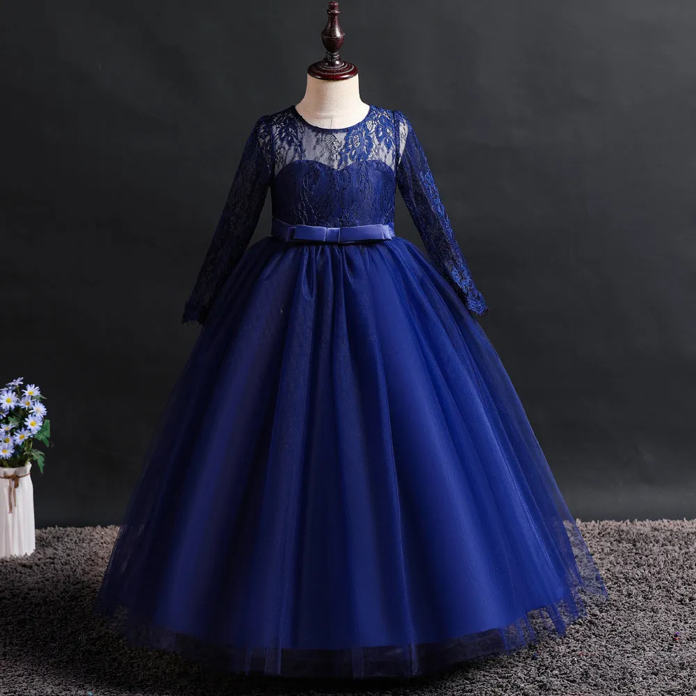 Girls Long Sleeve Lace Party Dress Flower Girl Maxi Gowns for Wedding