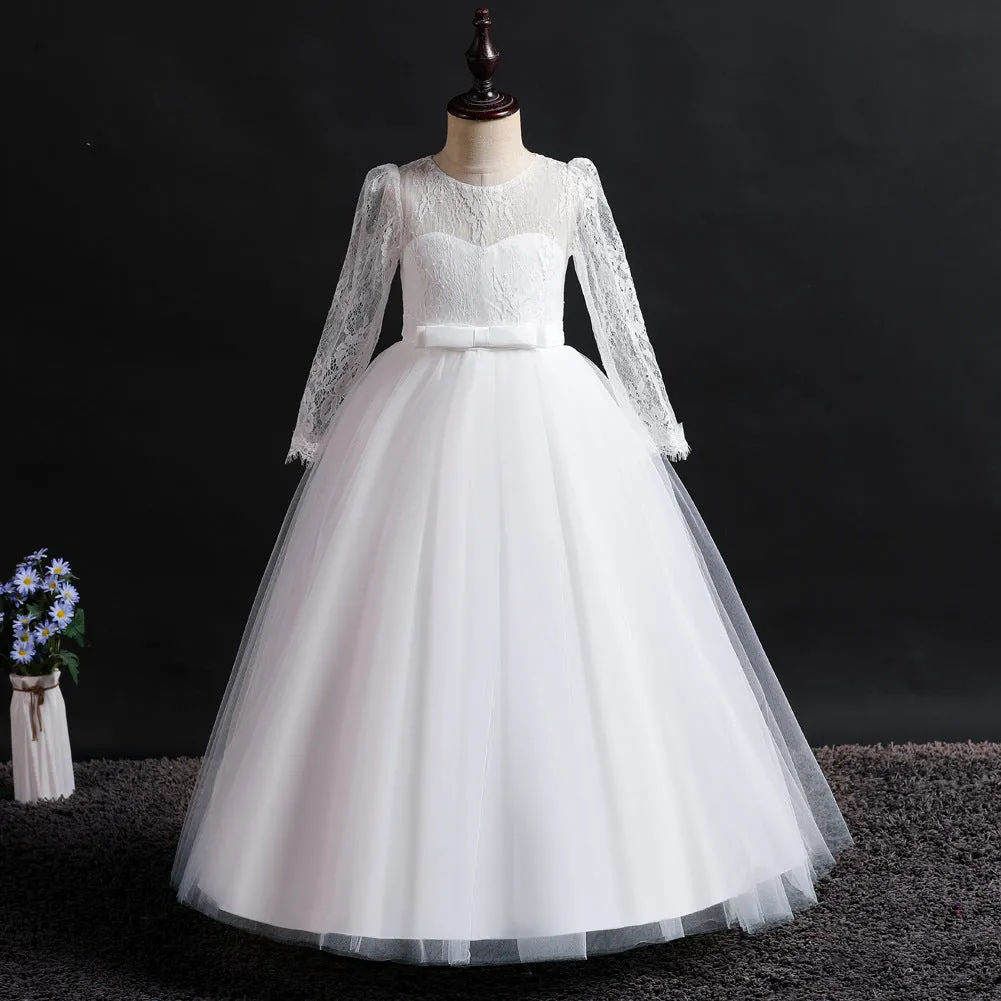 Girls Long Sleeve Lace Party Dress Flower Girl Maxi Gowns for Wedding