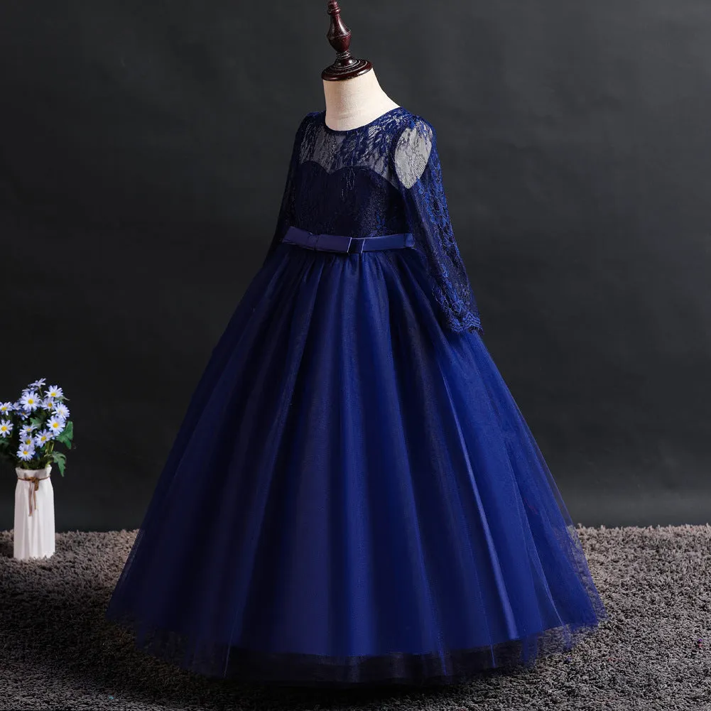 Girls Long Sleeve Lace Party Dress Flower Girl Maxi Gowns for Wedding
