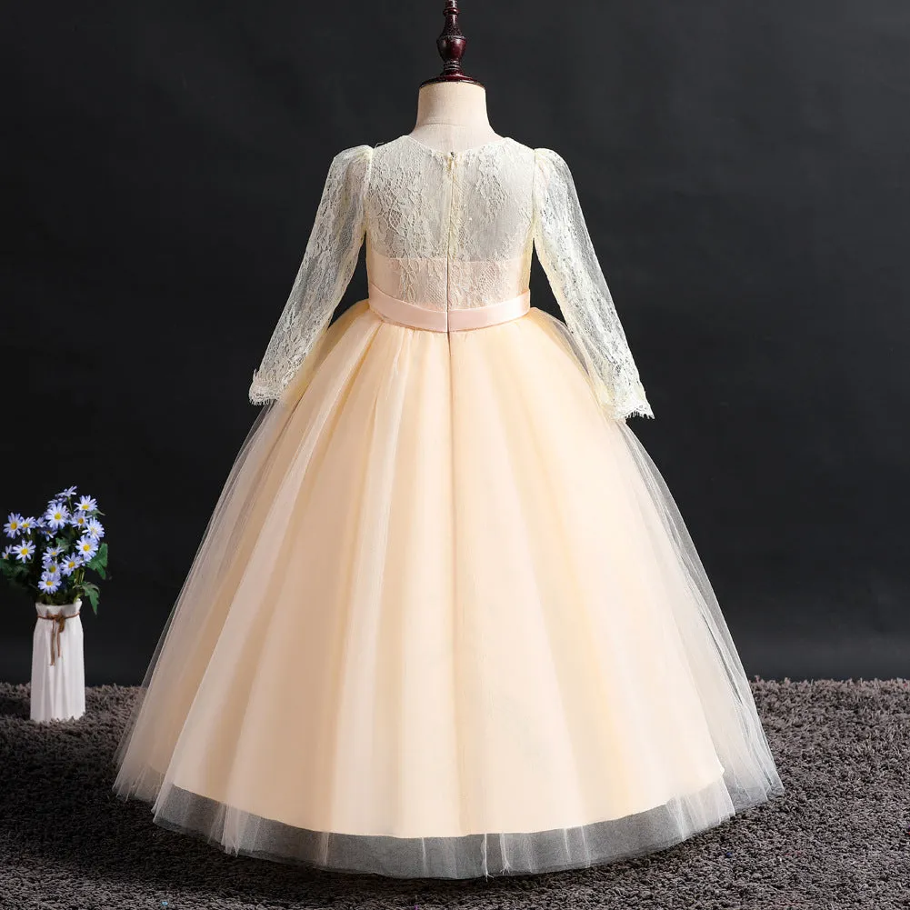 Girls Long Sleeve Lace Party Dress Flower Girl Maxi Gowns for Wedding