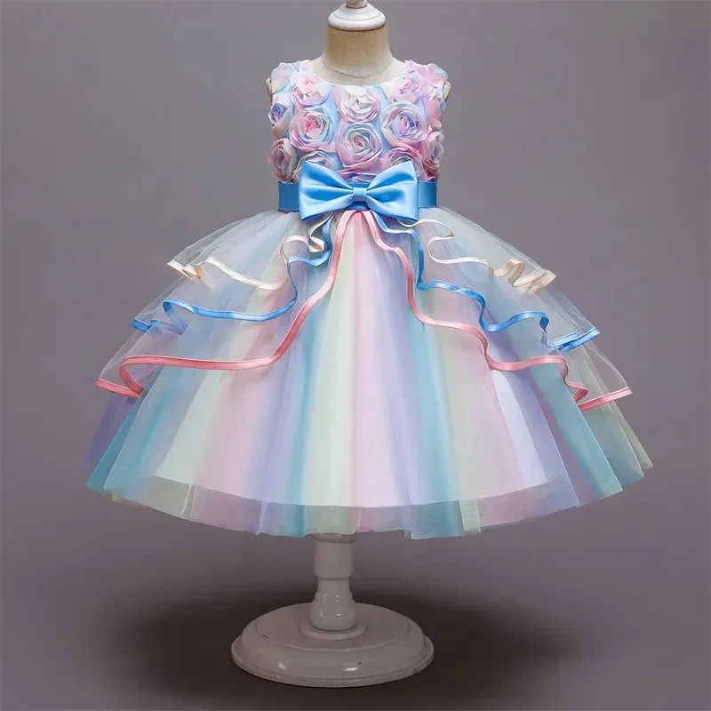 Girls Rainbow Tulle Dresses Kids Wedding Tutu Layers Cake Princess Elegant Party Prom Dress Children Communion Evening Clothes