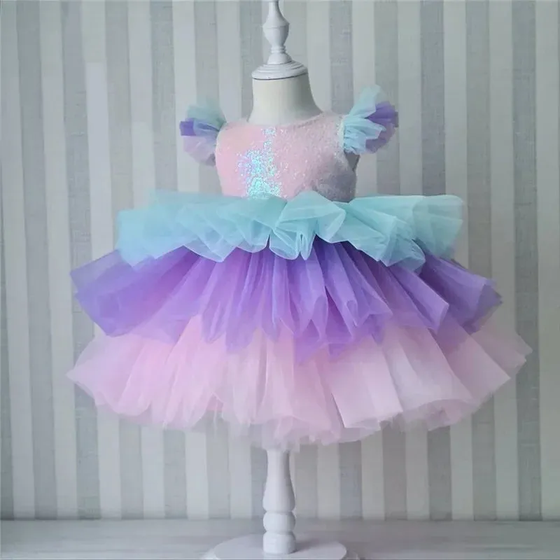 Girls Rainbow Tulle Dresses Kids Wedding Tutu Layers Cake Princess Elegant Party Prom Dress Children Communion Evening Clothes