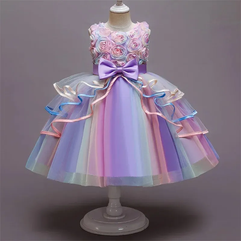 Girls Rainbow Tulle Dresses Kids Wedding Tutu Layers Cake Princess Elegant Party Prom Dress Children Communion Evening Clothes