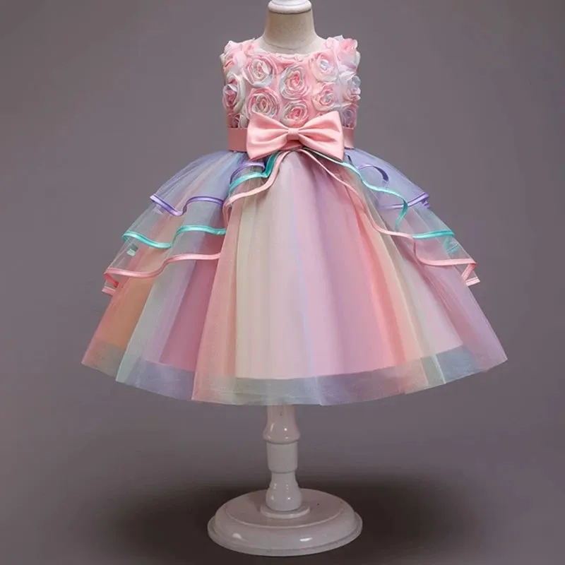 Girls Rainbow Tulle Dresses Kids Wedding Tutu Layers Cake Princess Elegant Party Prom Dress Children Communion Evening Clothes