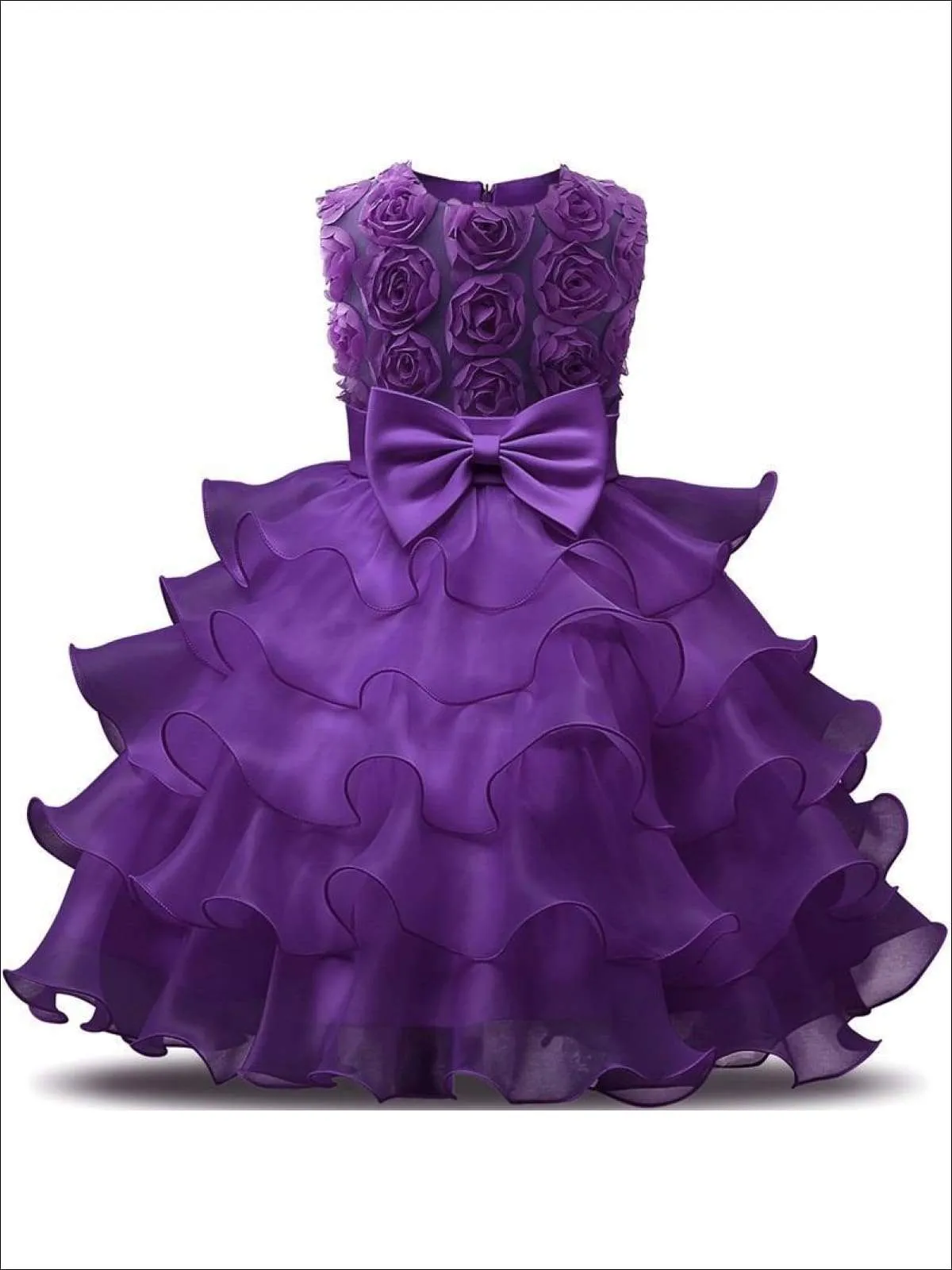 Girls Rosette Bodice Ruffled Sleeveless Flower Girl & Special Occasion Party Dress