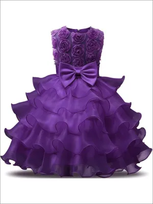 Girls Rosette Bodice Ruffled Sleeveless Flower Girl & Special Occasion Party Dress