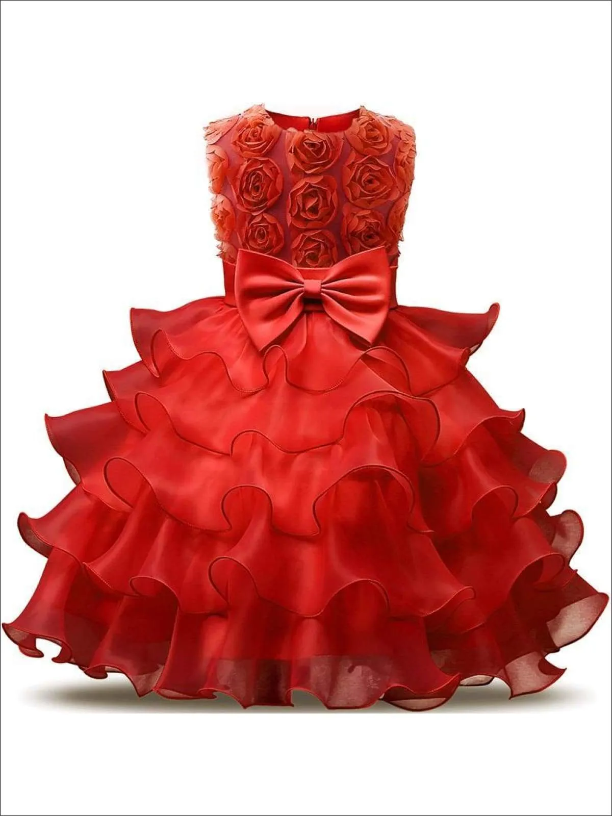 Girls Rosette Bodice Ruffled Sleeveless Flower Girl & Special Occasion Party Dress