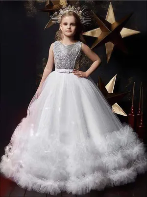 Girls Sequin Embellished Ruffled Tulle Holiday Dress