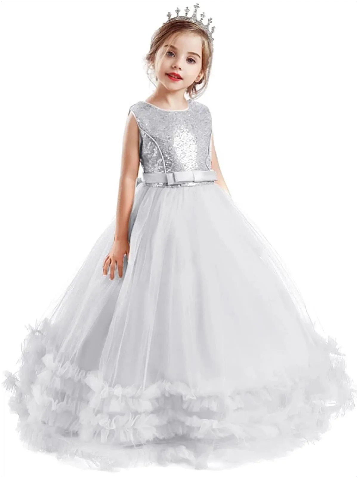Girls Sequin Embellished Ruffled Tulle Holiday Dress