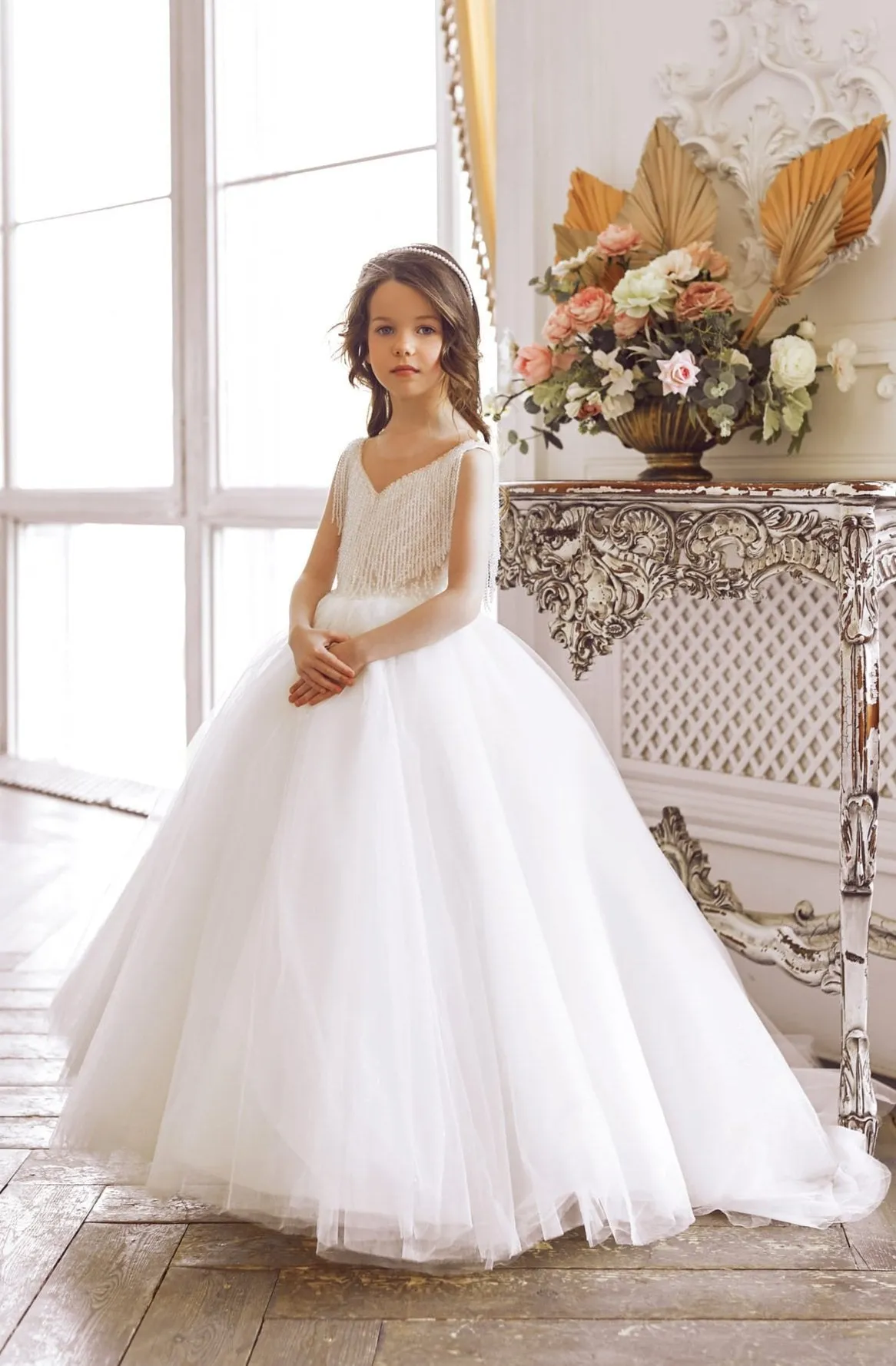 Girls Tutu Dress with Beaded Fringe Neckline
