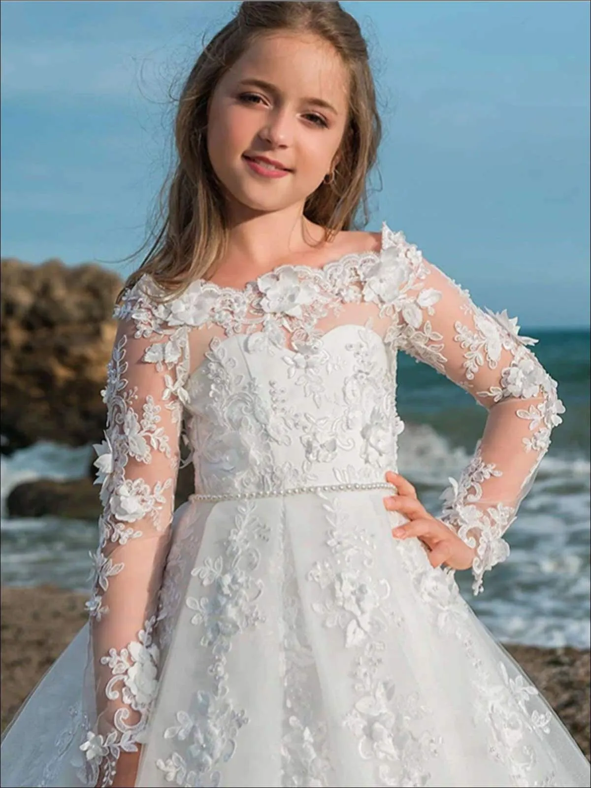Girls White Lace Flower Communion Gown