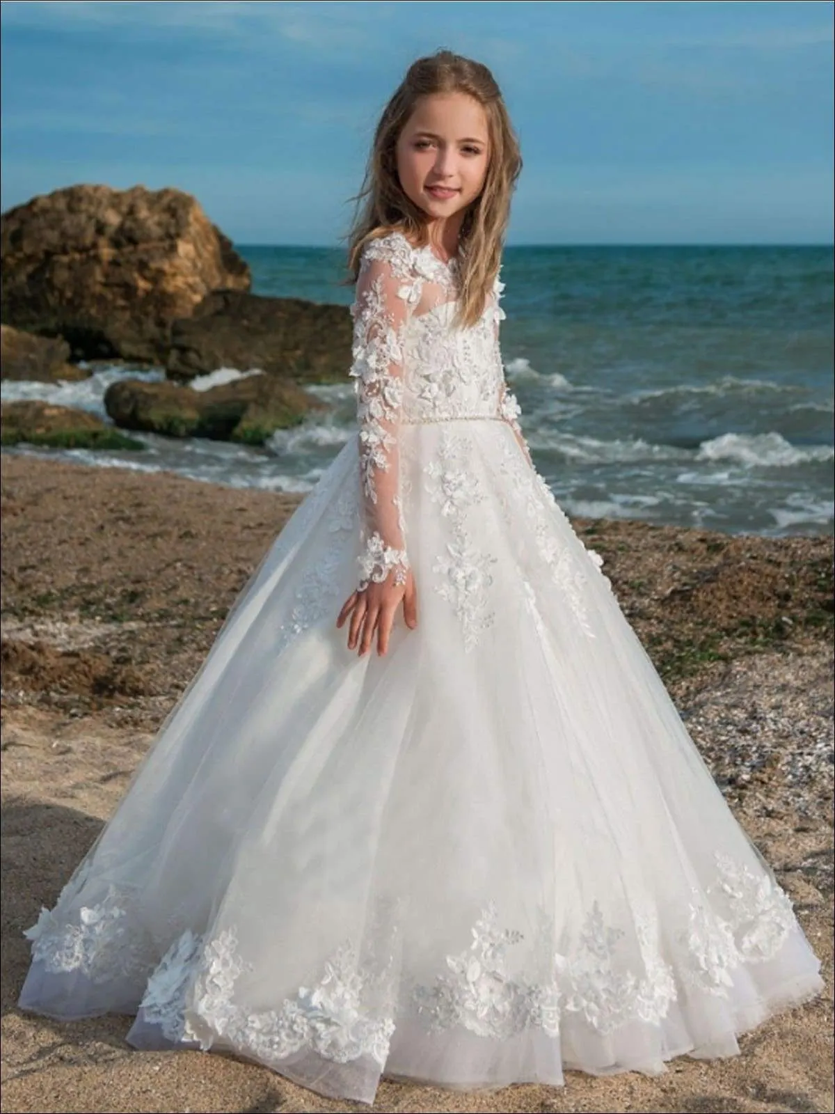 Girls White Lace Flower Communion Gown