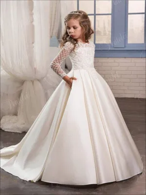 Girls White Lace Long Sleeves Communion Gown