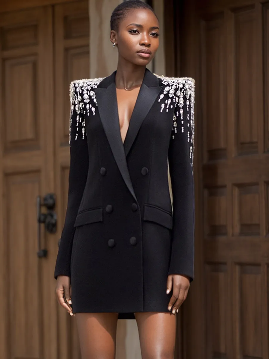 Glamorous V-Neck Beaded Diamond Blazer Dress