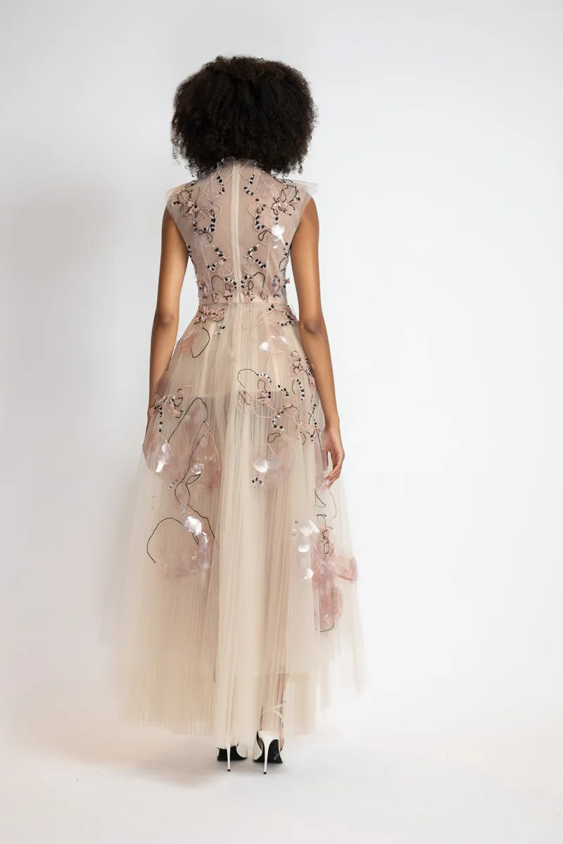 Glass Petal Embroidered Blush Tulle Ballet Dress