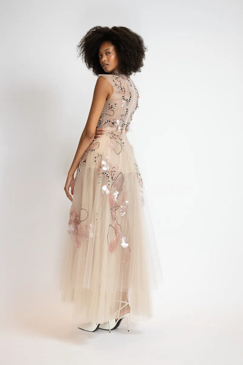 Glass Petal Embroidered Blush Tulle Ballet Dress