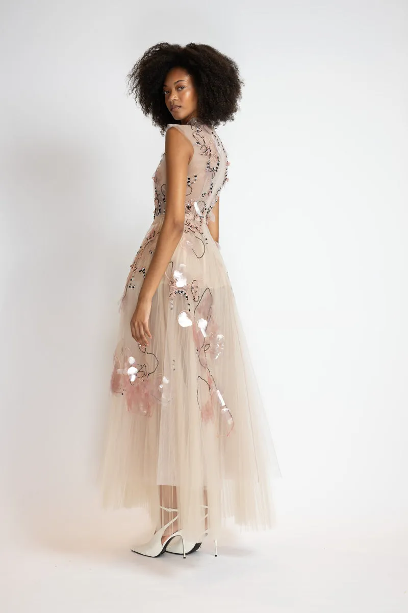 Glass Petal Embroidered Blush Tulle Ballet Dress