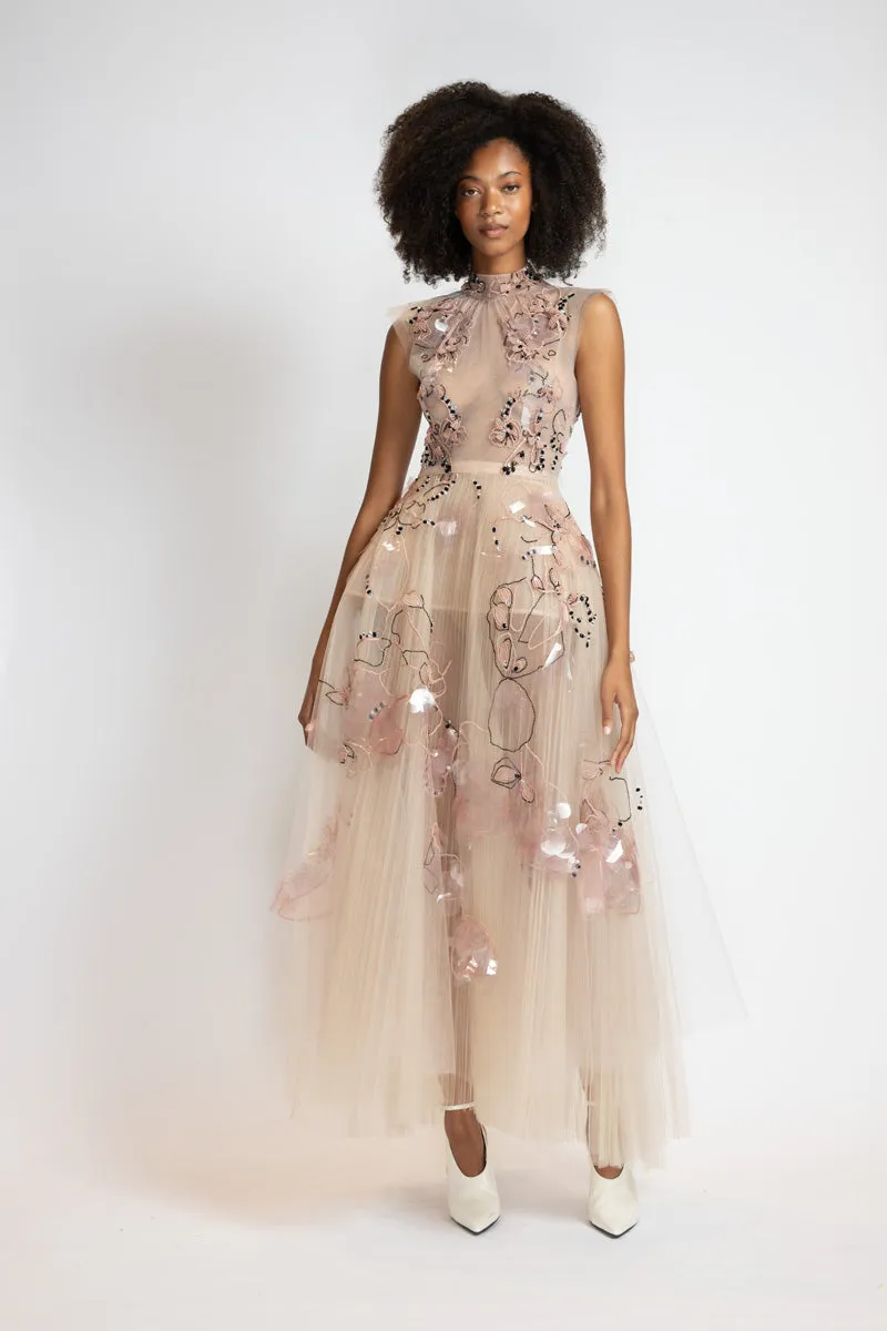 Glass Petal Embroidered Blush Tulle Ballet Dress