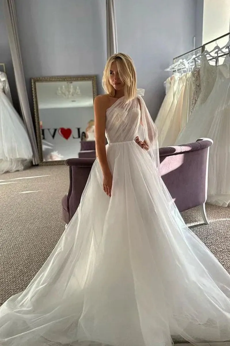 Glitter One Shoulder Bowknot Tulle Wedding Dresses Bridal Gowns with Train