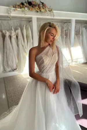 Glitter One Shoulder Bowknot Tulle Wedding Dresses Bridal Gowns with Train