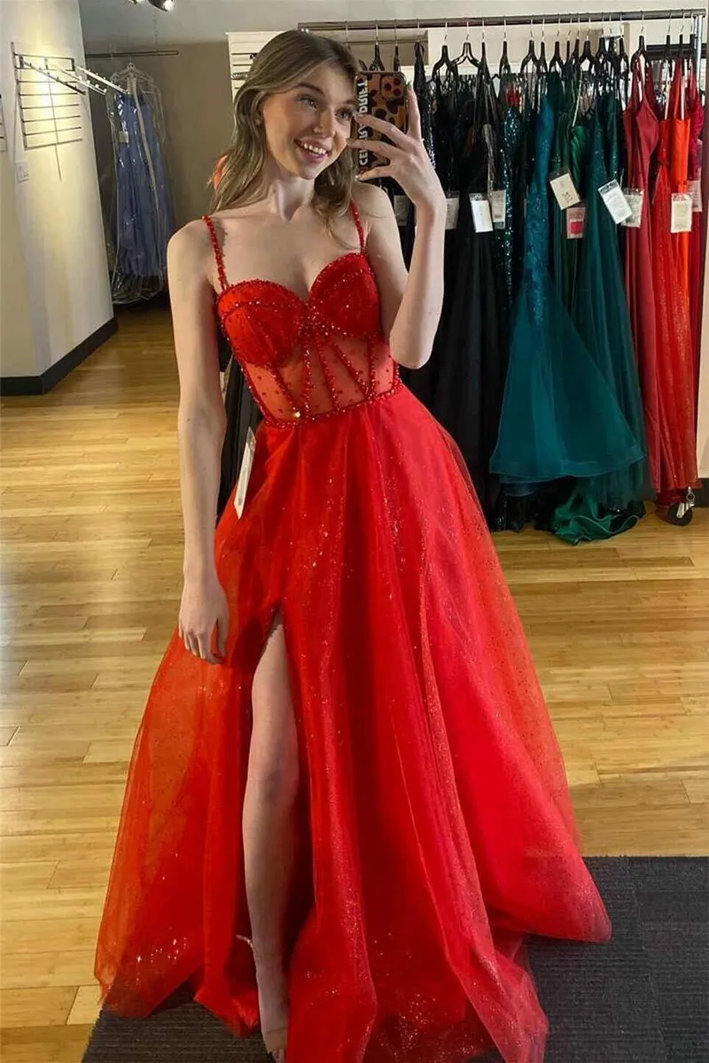Glitter Straos Beaded A-line Formal Dresses with Slit