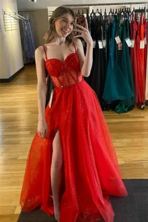 Glitter Straos Beaded A-line Formal Dresses with Slit