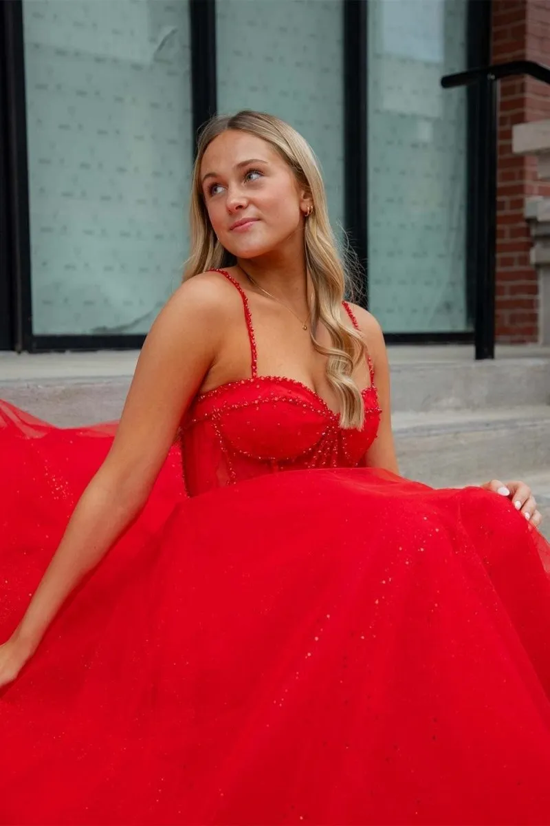 Glitter Straos Beaded A-line Formal Dresses with Slit