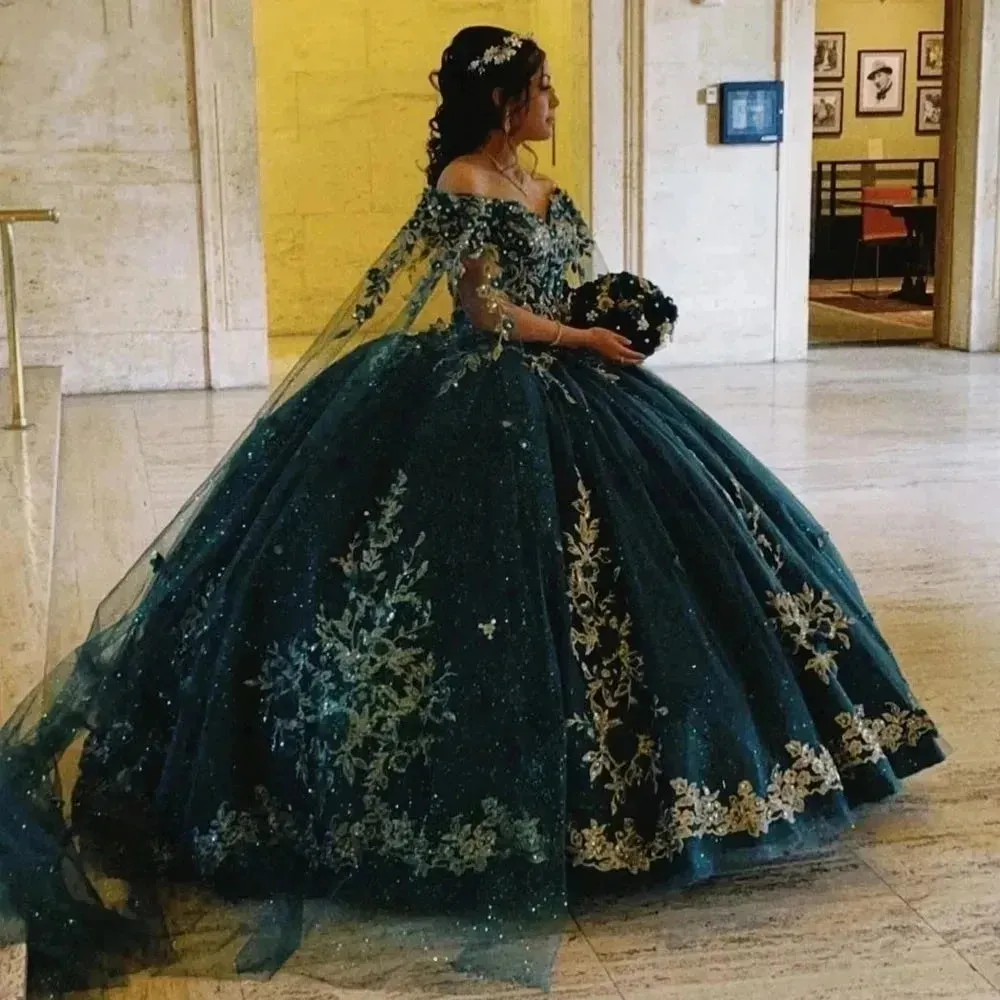 Glittering Emerald Green Quinceanera Dresses Gold Lace 3D Flower Vestidos De 15 Anos Formal Princess Birthday Party