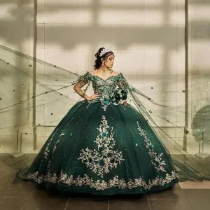 Glittering Emerald Green Quinceanera Dresses Gold Lace 3D Flower Vestidos De 15 Anos Formal Princess Birthday Party