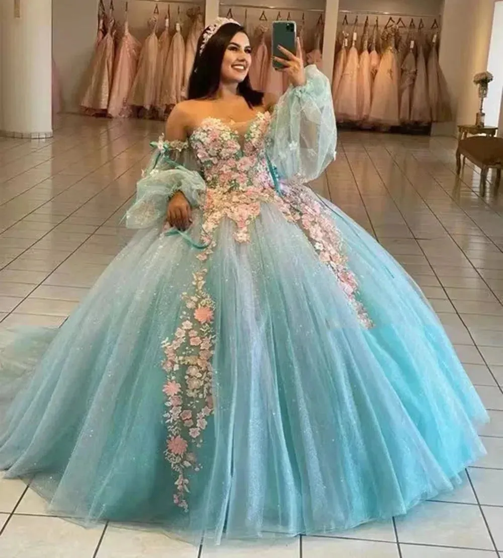 Glittering Quinceanera Dresses With Bow 3D Flower Lace Sleeves Vestidos De 15 Anos Formal Princess Birthday Party