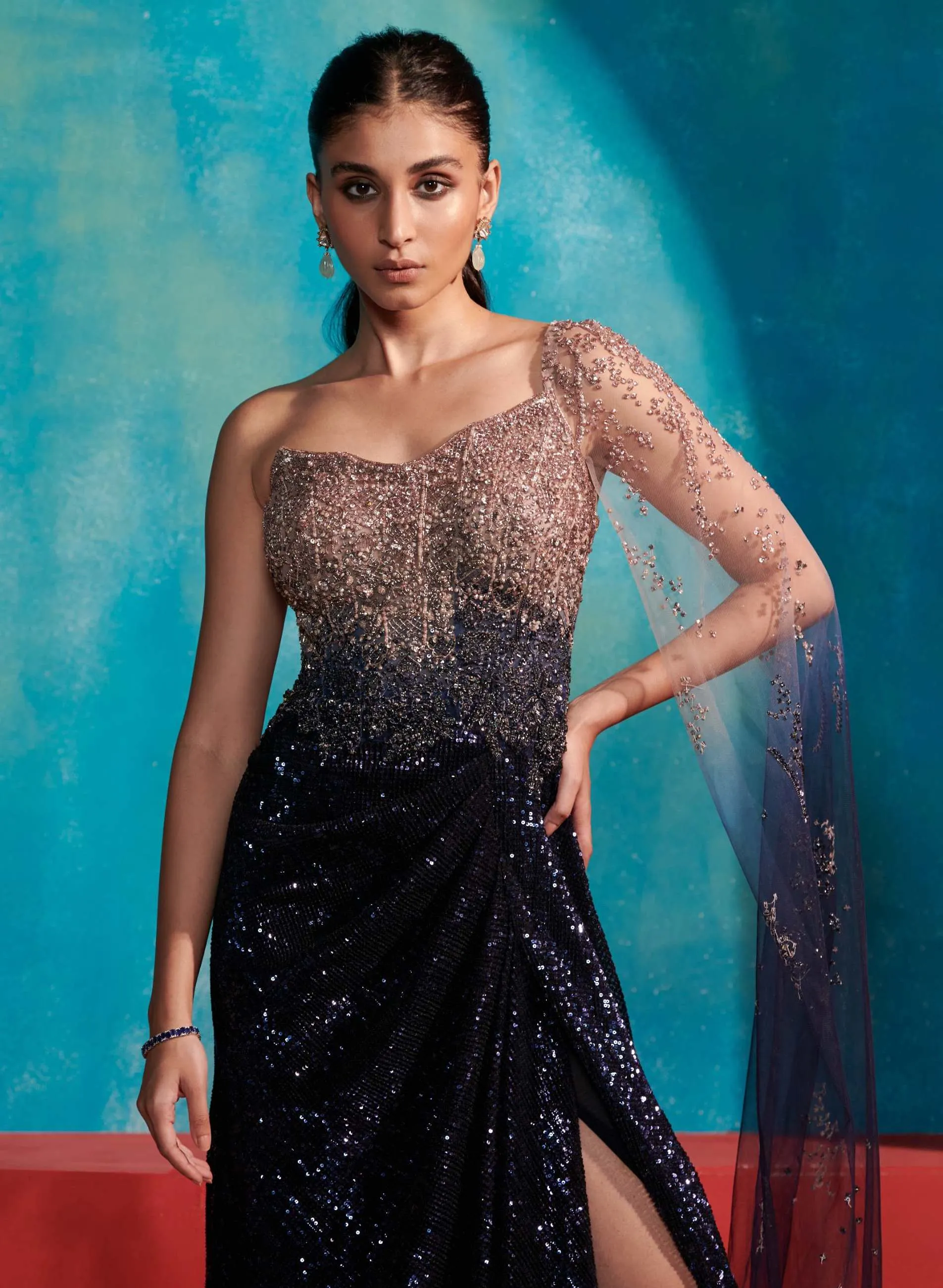 Gold Blue Amber Saree Gown