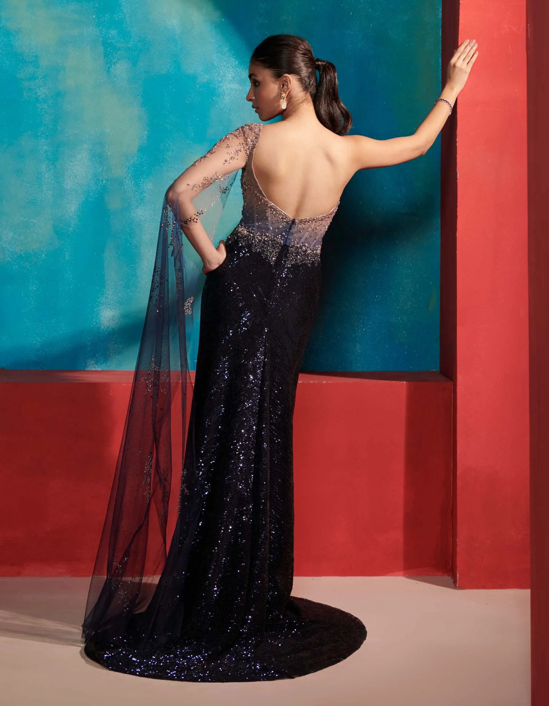 Gold Blue Amber Saree Gown