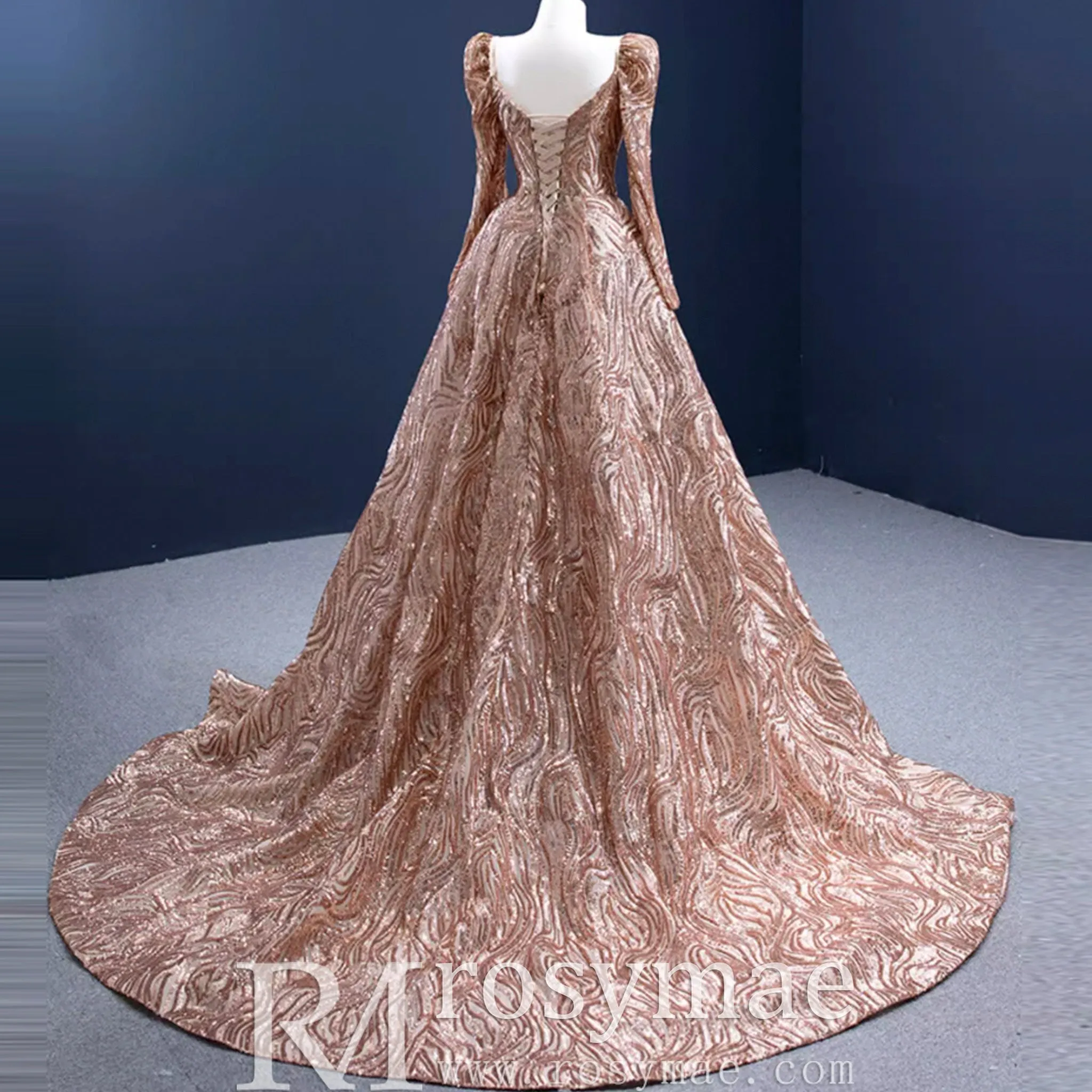 Gold Mermaid Luxury Long Sleeve Evening Dresses Gown Leg Slit