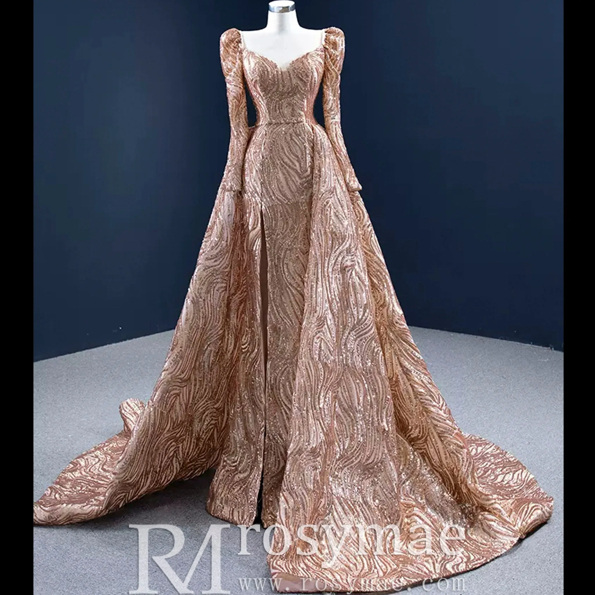 Gold Mermaid Luxury Long Sleeve Evening Dresses Gown Leg Slit