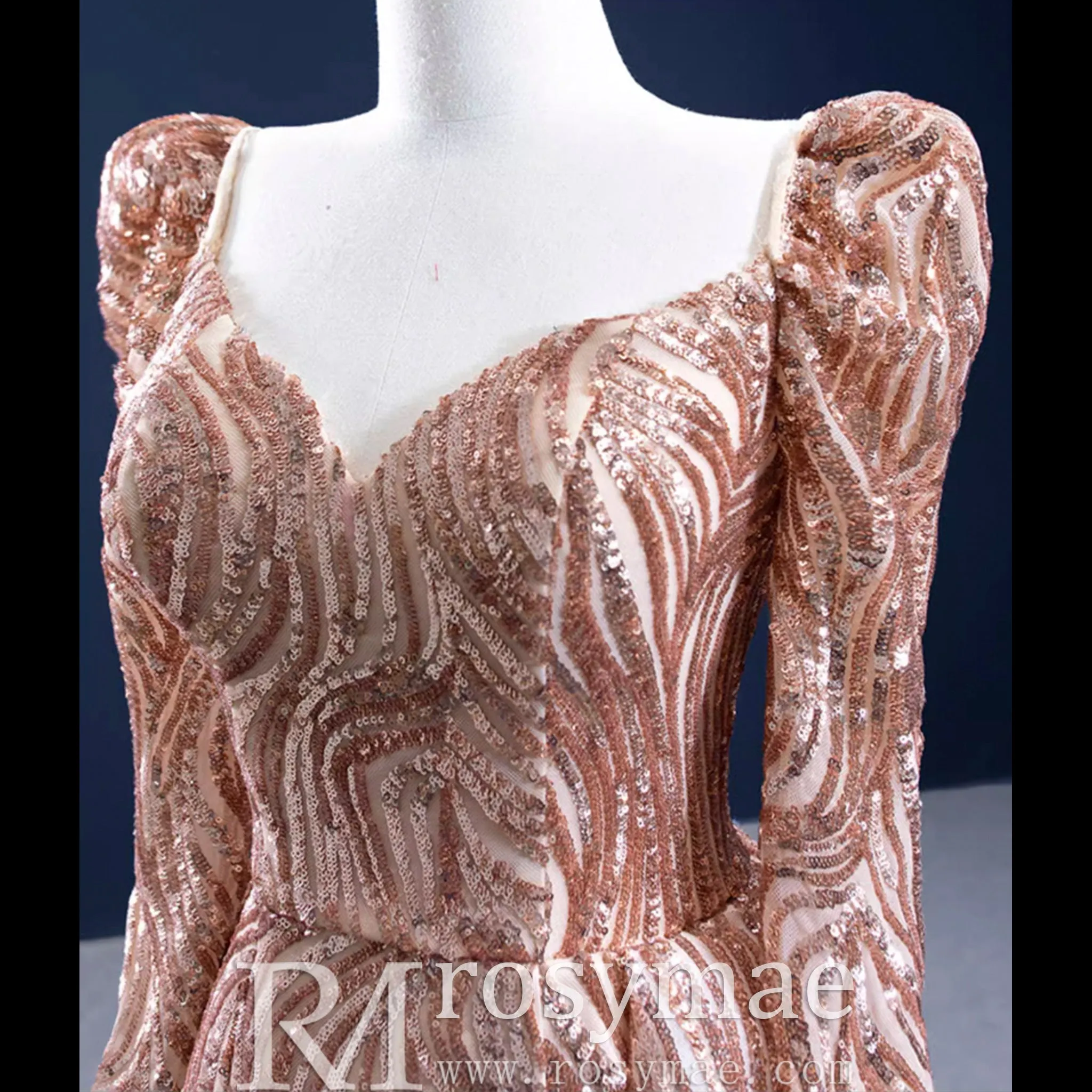 Gold Mermaid Luxury Long Sleeve Evening Dresses Gown Leg Slit