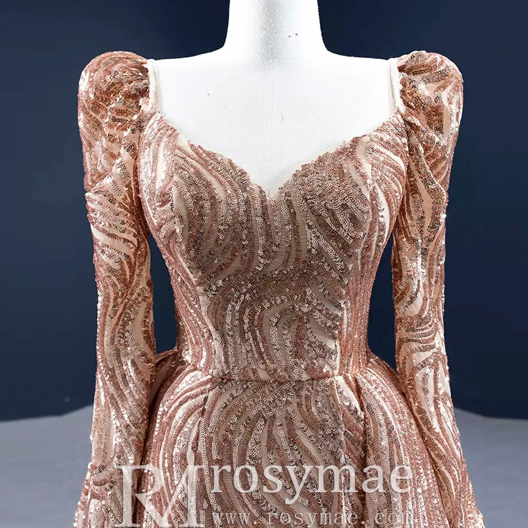 Gold Mermaid Luxury Long Sleeve Evening Dresses Gown Leg Slit