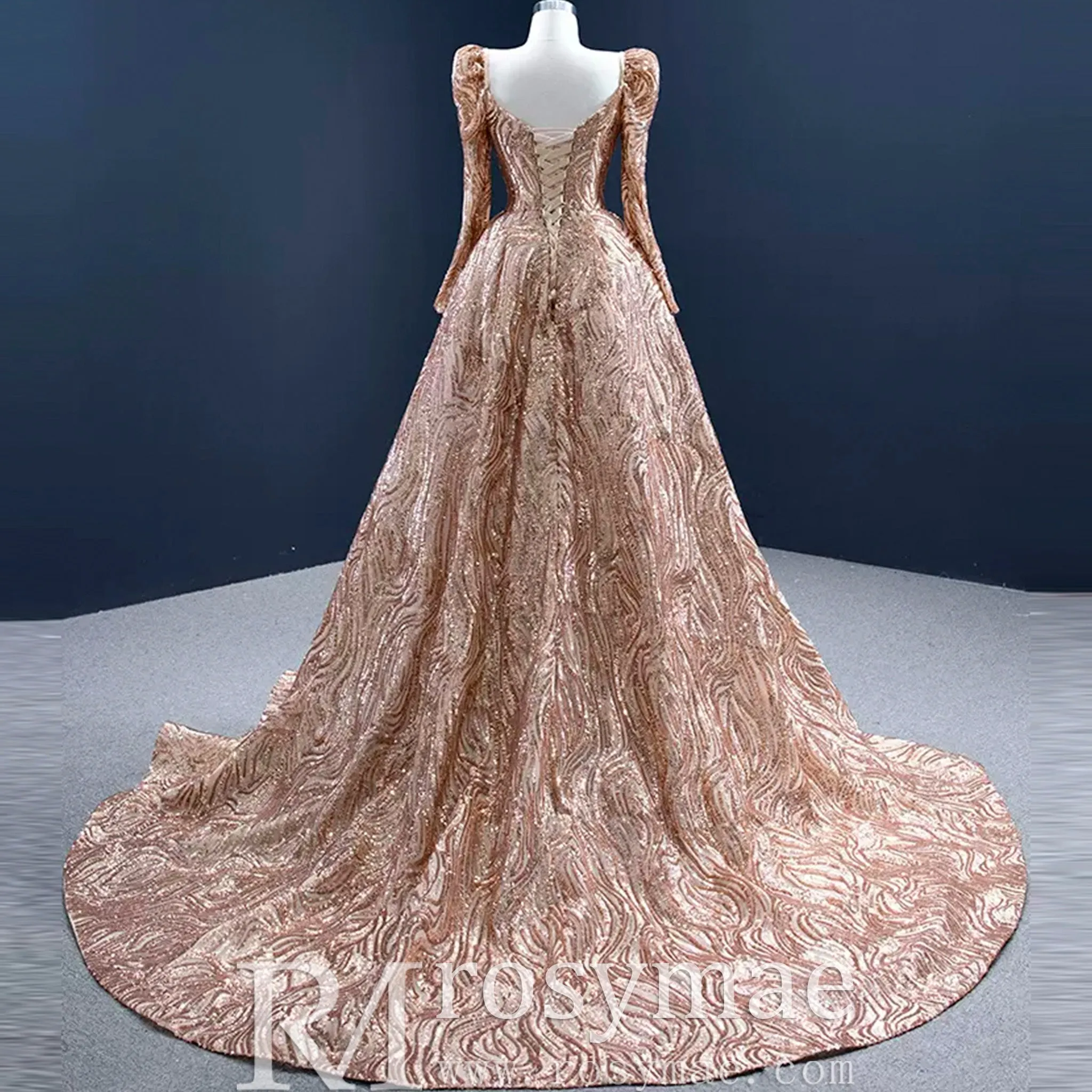 Gold Mermaid Luxury Long Sleeve Evening Dresses Gown Leg Slit