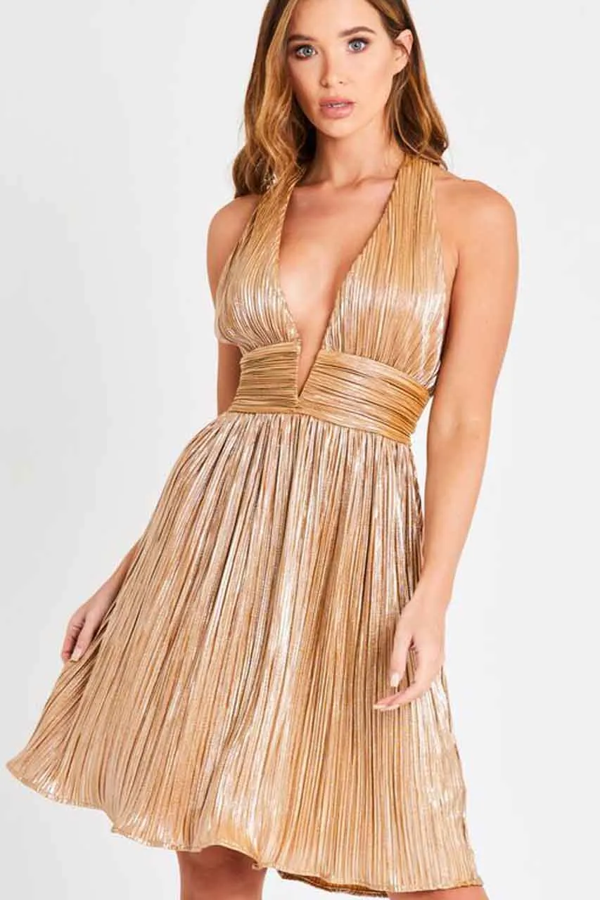 Gold metallic dress with deep V neckline