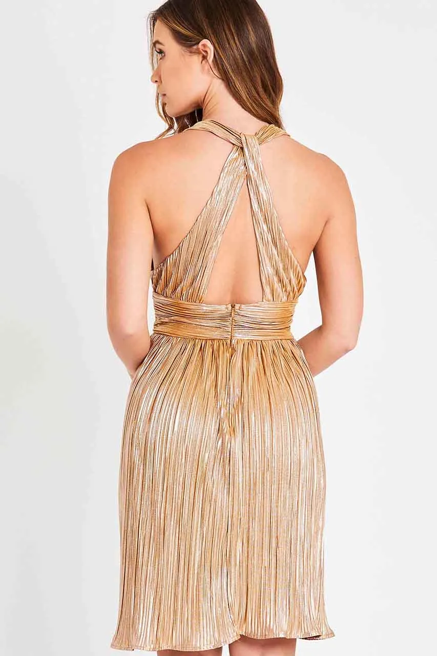 Gold metallic dress with deep V neckline