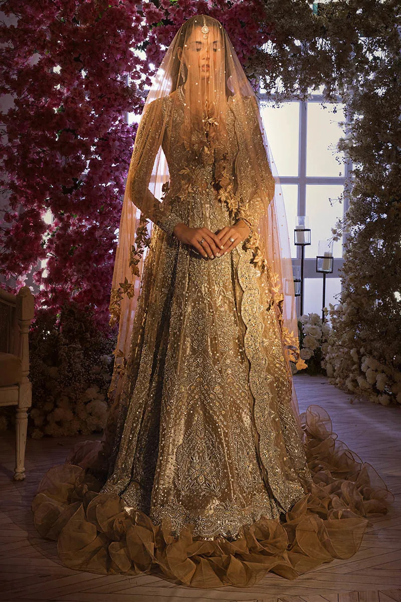 Gold Pakistani Bridal Dress in Gown and Lehenga Veil Dupatta Style