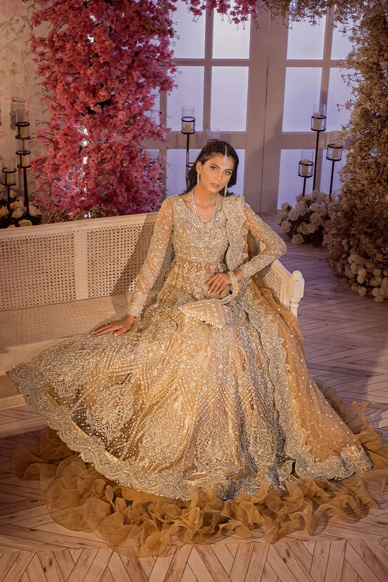 Gold Pakistani Bridal Dress in Gown and Lehenga Veil Dupatta Style