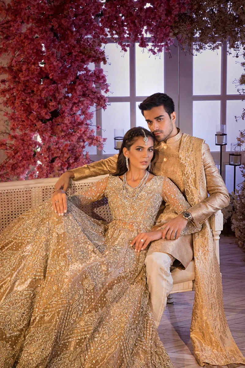 Gold Pakistani Bridal Dress in Gown and Lehenga Veil Dupatta Style