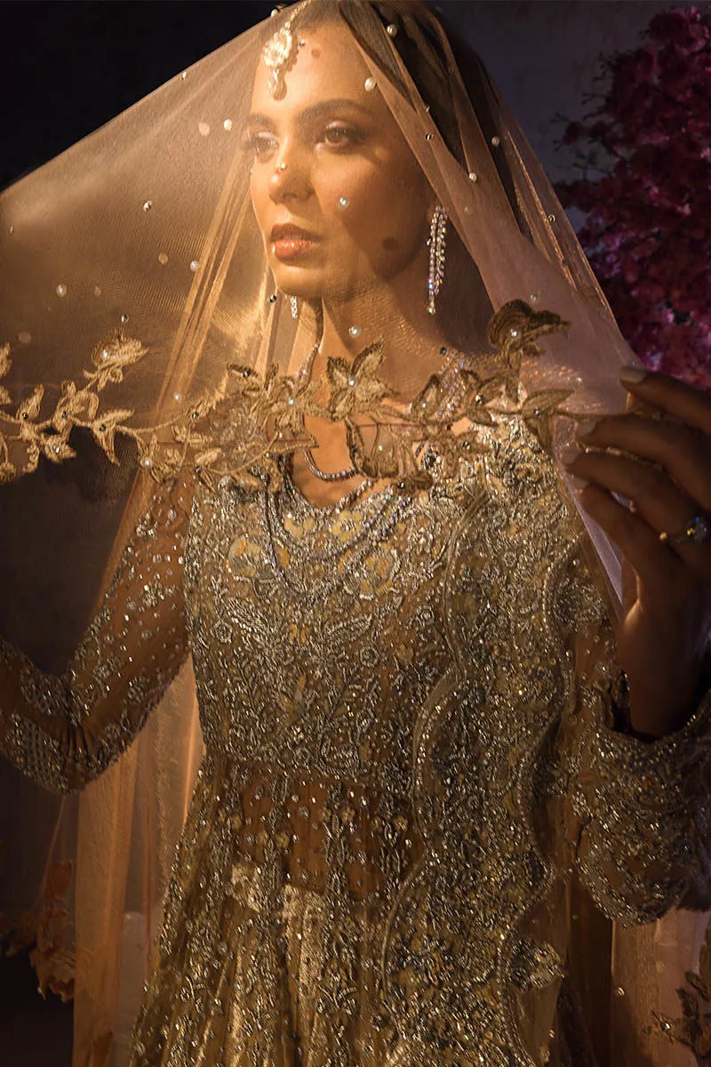 Gold Pakistani Bridal Dress in Gown and Lehenga Veil Dupatta Style