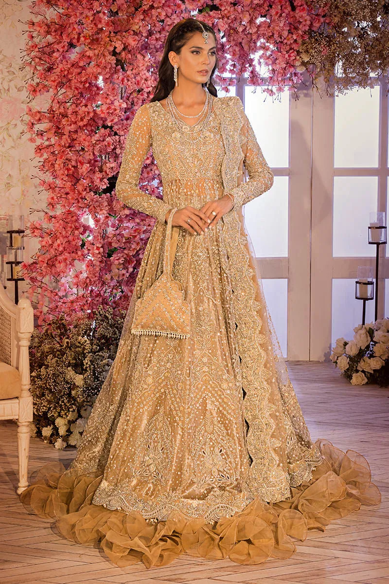 Gold Pakistani Bridal Dress in Gown and Lehenga Veil Dupatta Style