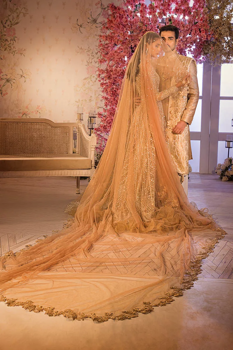 Gold Pakistani Bridal Dress in Gown and Lehenga Veil Dupatta Style