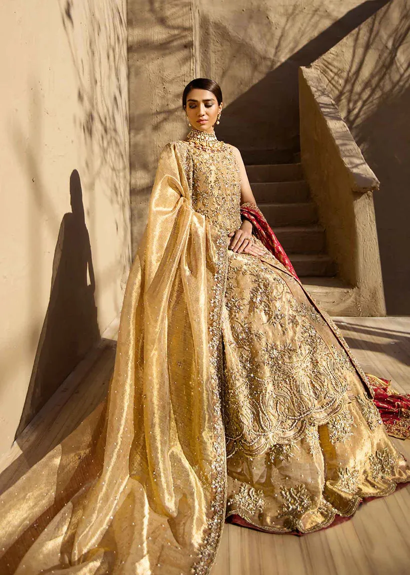 Gold Pakistani Bridal Dress in Gown and Lehenga With Red Dupatta