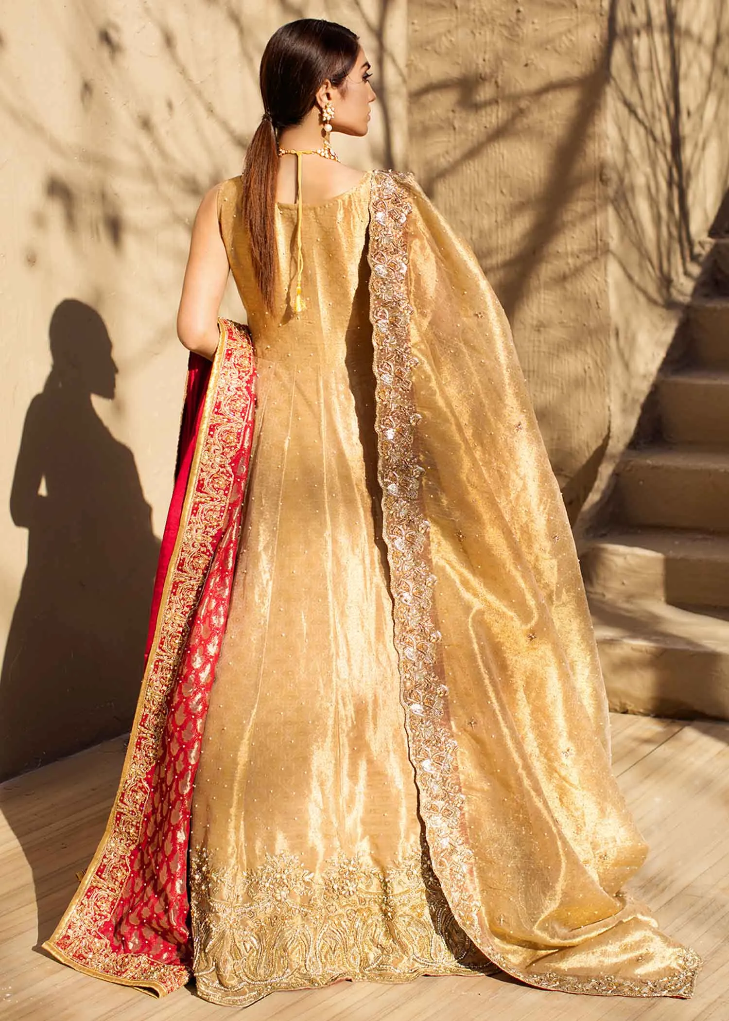 Gold Pakistani Bridal Dress in Gown and Lehenga With Red Dupatta