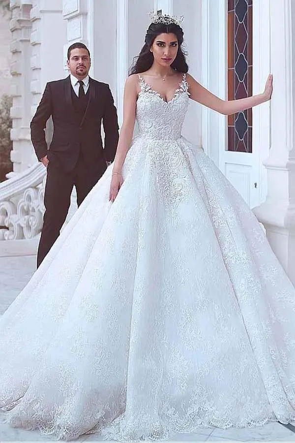 Gorgeous Ball Gown V-neck Lace Appliques Wedding Dresses, Bridal Gown, MW770