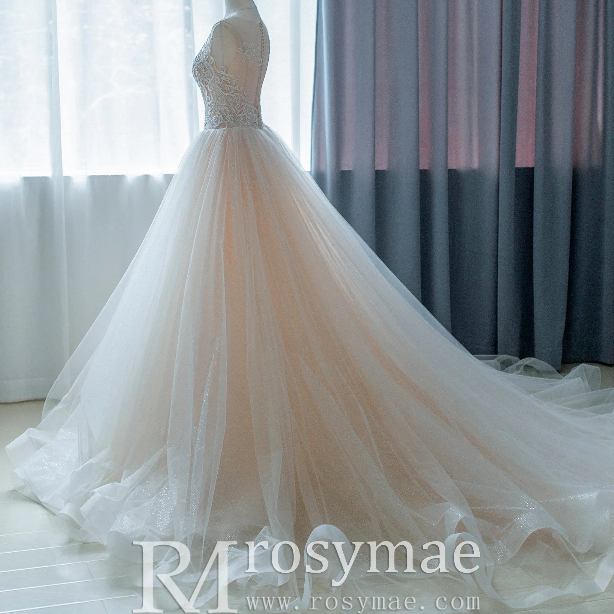 Gorgeous Ballgown V-neck Tulle Wedding Dress with Lace Appliques