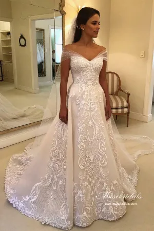 Gorgeous Tulle A-line Off-the-Shoulder Lace Appliques Wedding Dresses, MW980